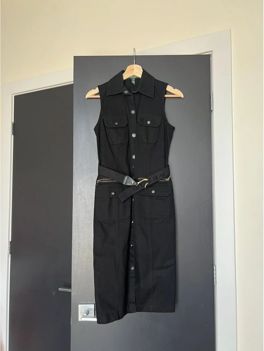Vintage Ralph Lauren Black Denim Sleeveless Button-Up Midi Dress with Belt - Picture 2 of 5